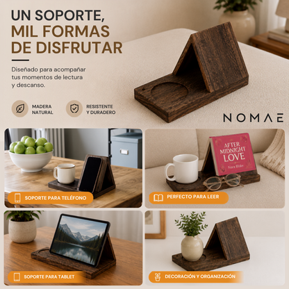 Soporte de Madera para Libros con Portavasos